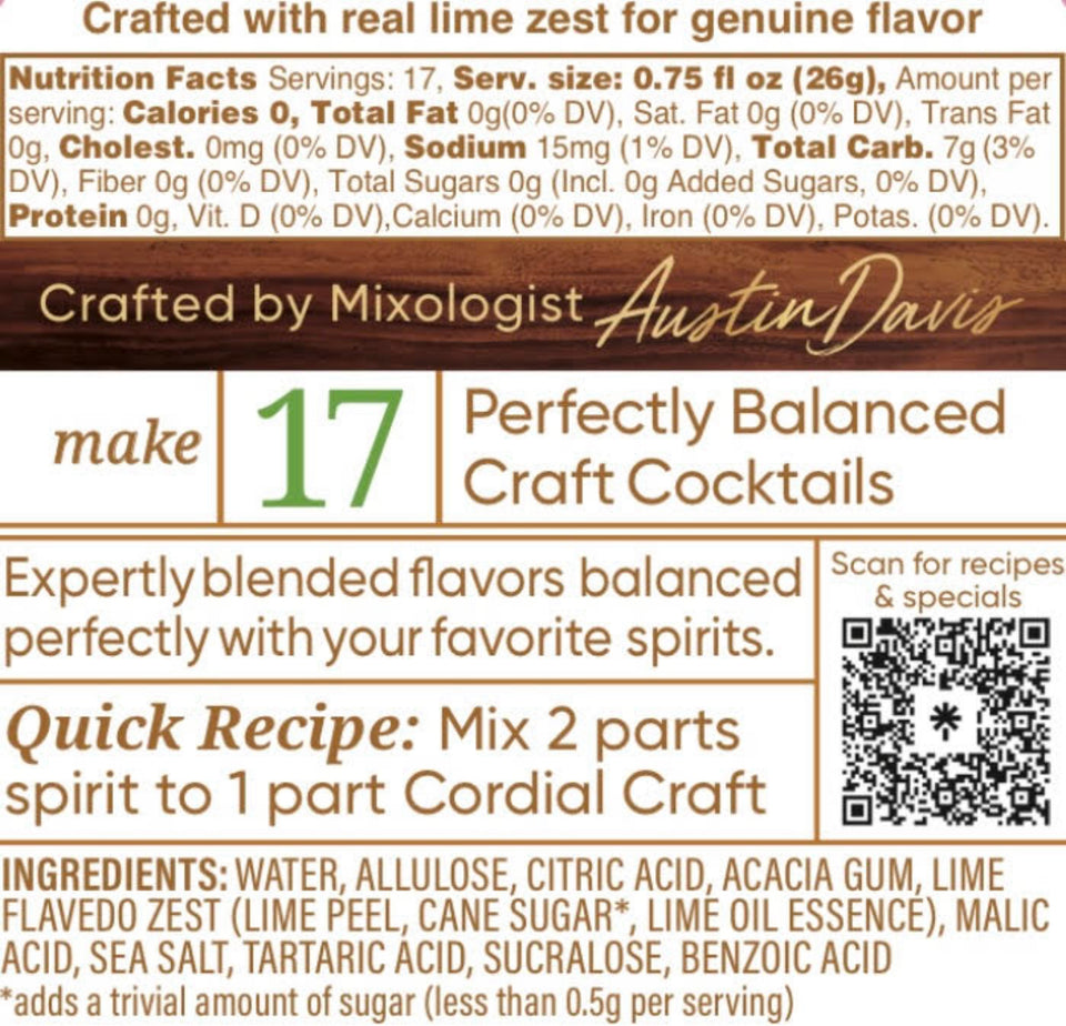 Cordial Craft 375 mL Zero-Sugar Lime Cordial bottle label showing ingredients and Nutrition Facts