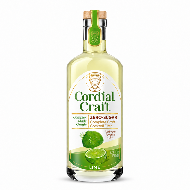 Packaging rendering of Cordial Craft Zero-Sugar Lime Cordial, 750 mL, with its current label and barbell-shaped neck seal.